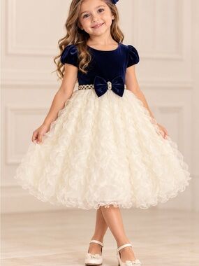 American Princess Navy and Ivory Velvet Bodice Ruffle Party Dress, size 6.